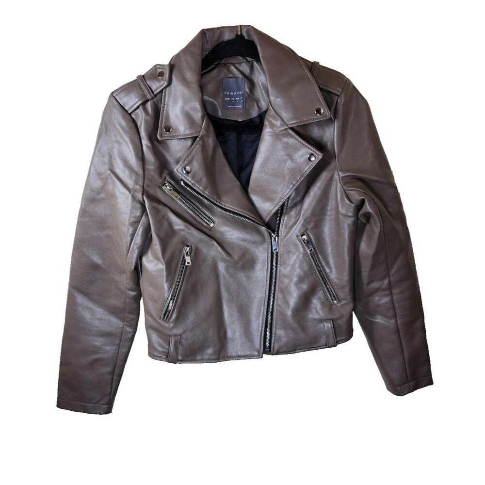 Primark Womens Size 4 Tan Faux Leather Zip Up Biker Jacket